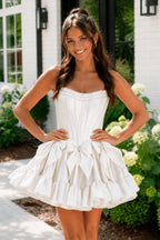 Strapless Black Beaded Short Homecoming Dress with Bow - Curvevia