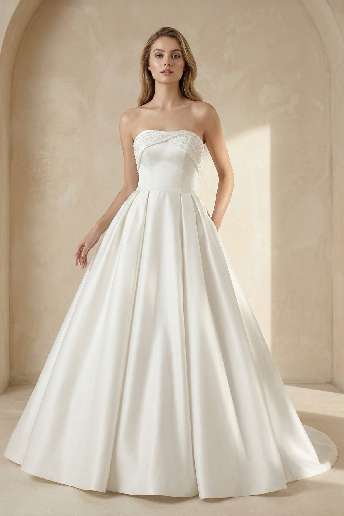 White Strapless Bow-Back Pearls Ball Gown Wedding Dress - Curvevia