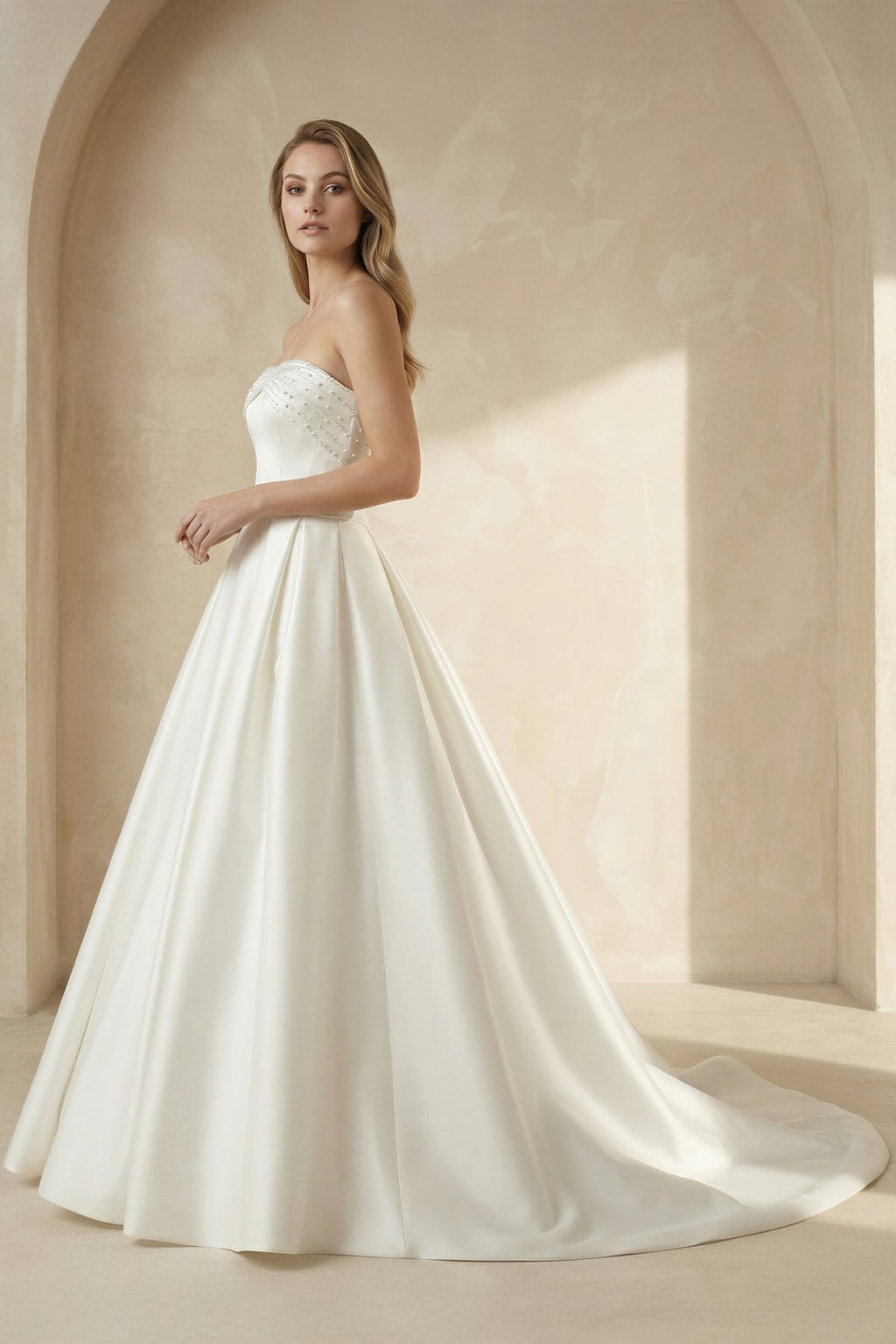 White Strapless Bow-Back Pearls Ball Gown Wedding Dress - Curvevia