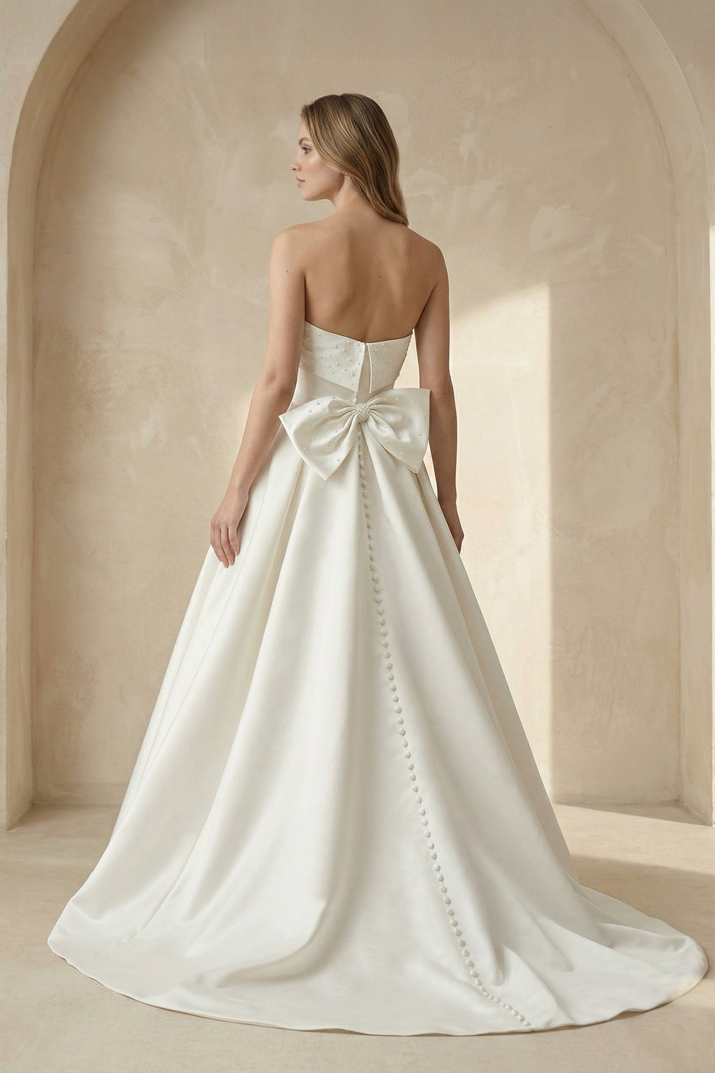 White Strapless Bow-Back Pearls Ball Gown Wedding Dress - Curvevia