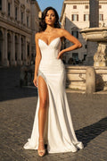 White Sweetheart V Neck Long Prom Dress With Slit - Curvevia