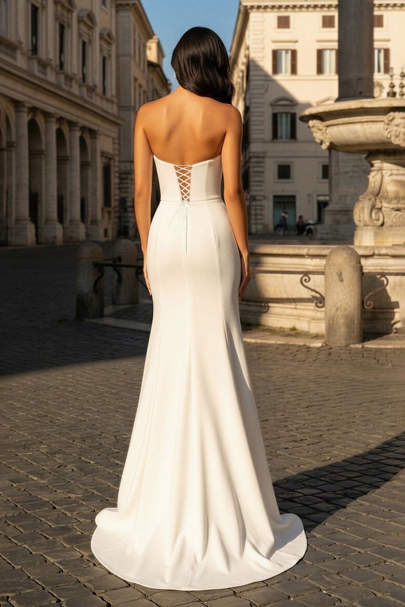 White Sweetheart V Neck Long Prom Dress With Slit - Curvevia