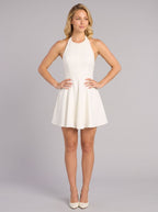 White Matte Satin A-Line Halter Neckline Back Zip Short Dress with Pleated Detailing - Curvevia