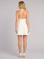 White Matte Satin A-Line Halter Neckline Back Zip Short Dress with Pleated Detailing - Curvevia