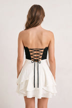 White Black Sweetheart A-Line Ruffled Chiffon Homecoming Dress with Bow - Curvevia