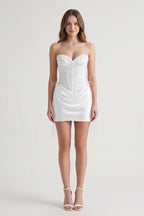 Pink Sweetheart Sheath Corset Ruched Satin Homecoming Dress with Beading - Curvevia