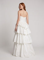 White Matte Satin A-Line Sweetheart Corset Back Floor-Length Dress with Dramatic Tiered Skirt - Curvevia