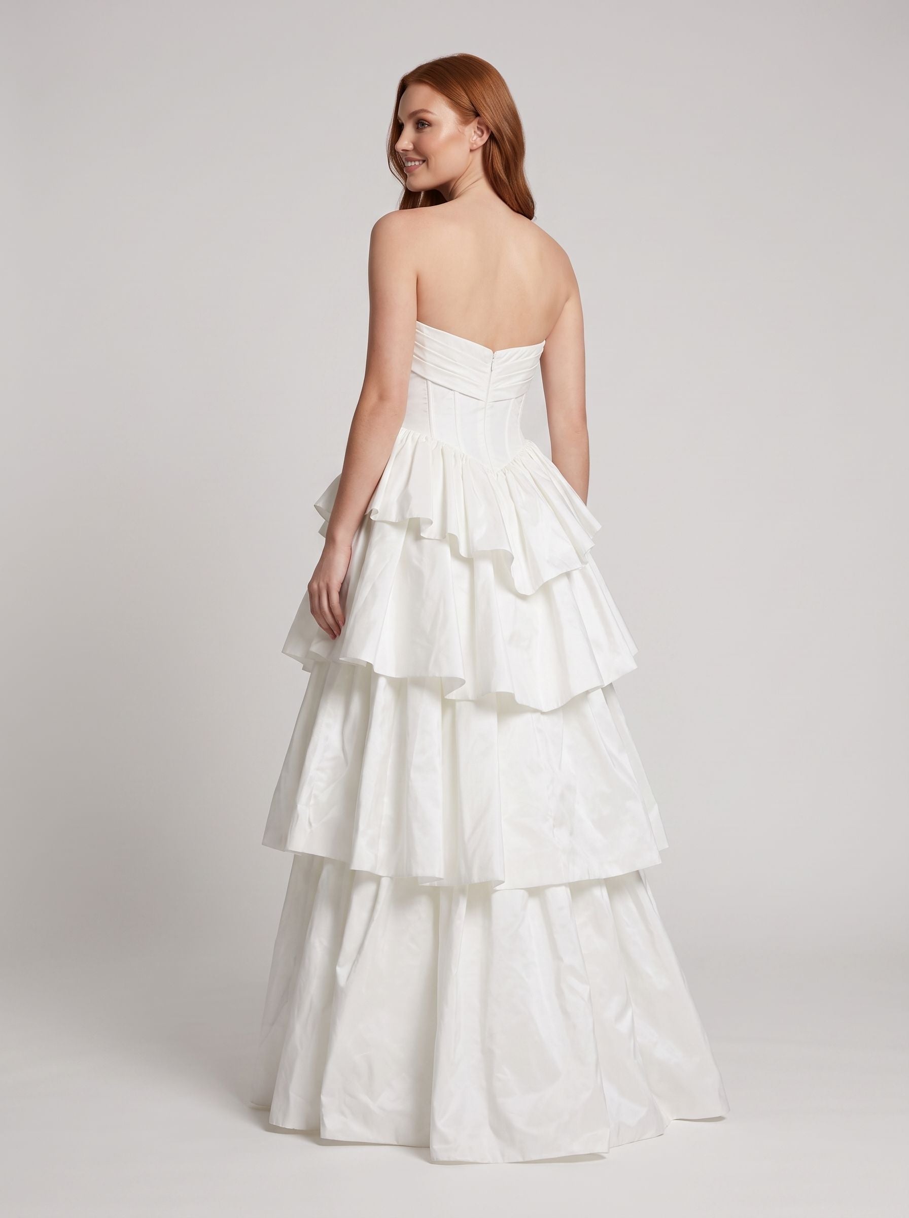 White Matte Satin A-Line Sweetheart Corset Back Floor-Length Dress with Dramatic Tiered Skirt - Curvevia