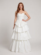White Matte Satin A-Line Sweetheart Corset Back Floor-Length Dress with Dramatic Tiered Skirt - Curvevia