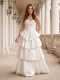 White Matte Satin A-Line Sweetheart Corset Back Floor-Length Dress with Dramatic Tiered Skirt - Curvevia