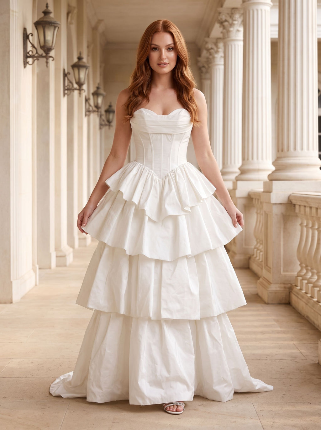 White Matte Satin A-Line Sweetheart Corset Back Floor-Length Dress with Dramatic Tiered Skirt - Curvevia