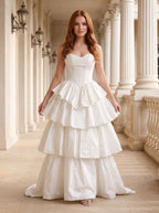 White Matte Satin A-Line Sweetheart Corset Back Floor-Length Dress with Dramatic Tiered Skirt - Curvevia