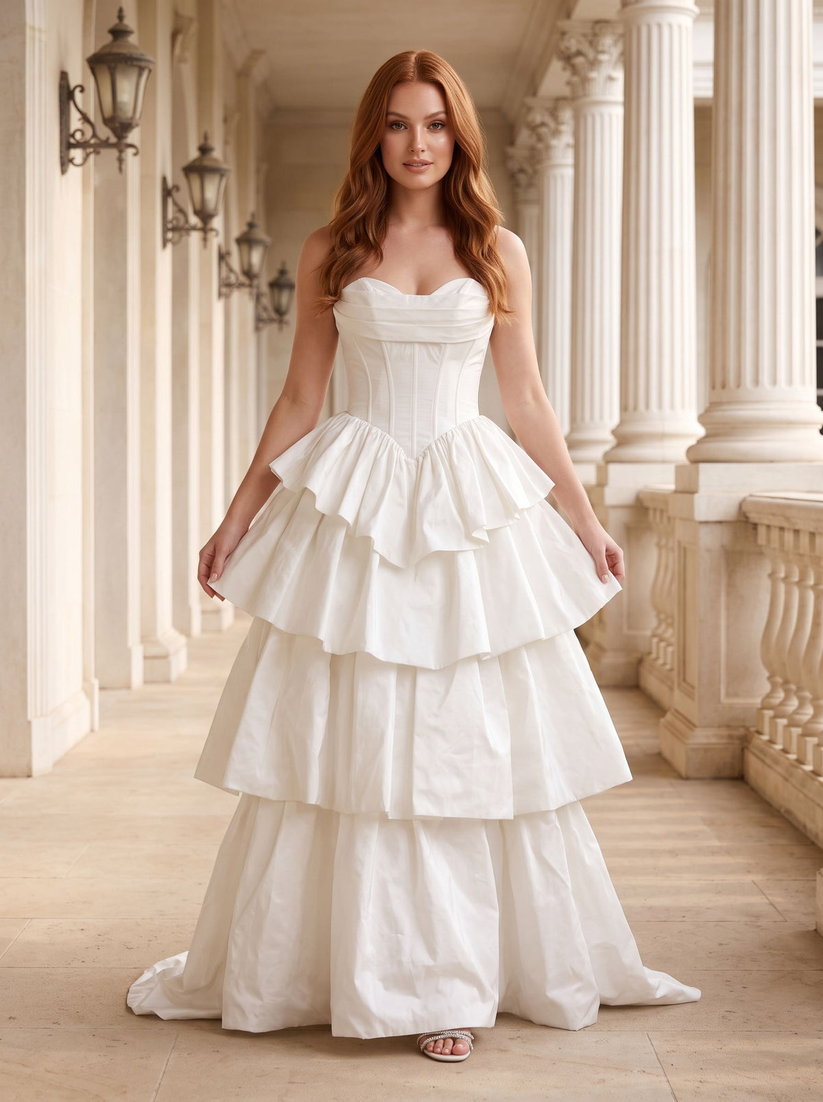White Matte Satin A-Line Sweetheart Corset Back Floor-Length Dress with Dramatic Tiered Skirt - Curvevia