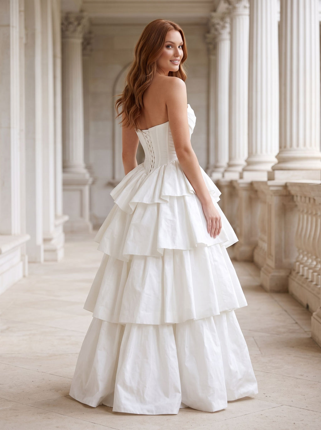 White Matte Satin A-Line Sweetheart Corset Back Floor-Length Dress with Dramatic Tiered Skirt - Curvevia