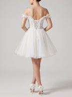 White Tulle A-Line Off-the-Shoulder Lace-up Short Dress with Spaghetti Straps - Curvevia
