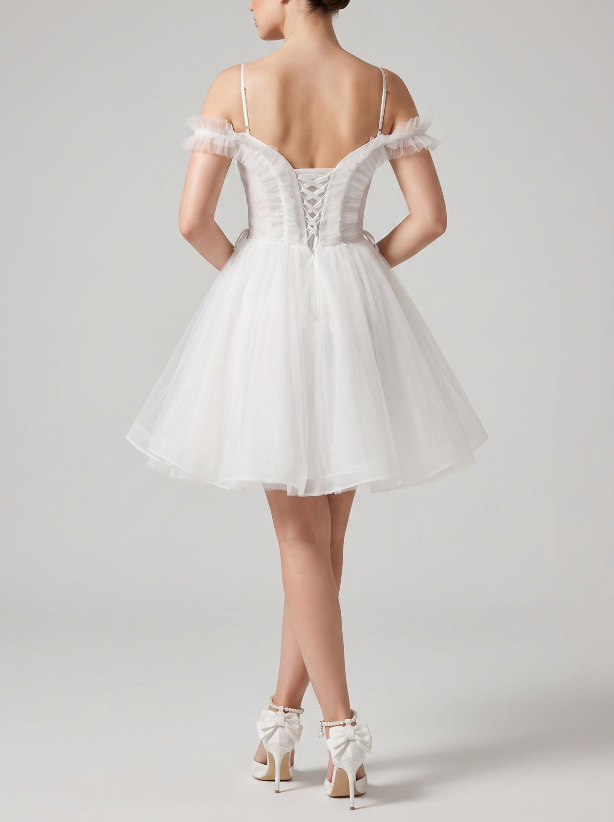 White Tulle A-Line Off-the-Shoulder Lace-up Short Dress with Spaghetti Straps - Curvevia