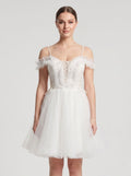 White Tulle A-Line Off-the-Shoulder Lace-up Short Dress with Spaghetti Straps - Curvevia