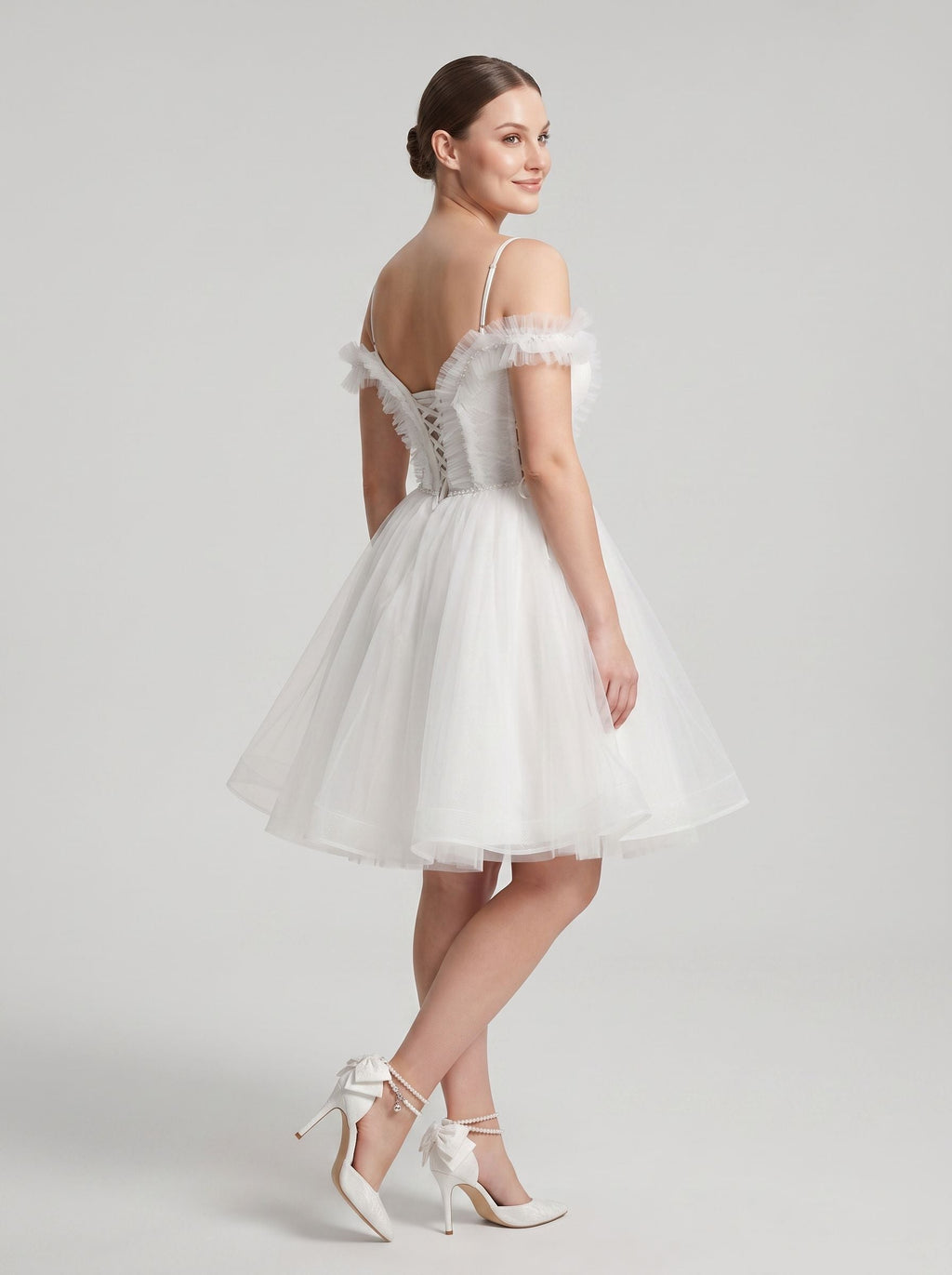White Tulle A-Line Off-the-Shoulder Lace-up Short Dress with Spaghetti Straps - Curvevia