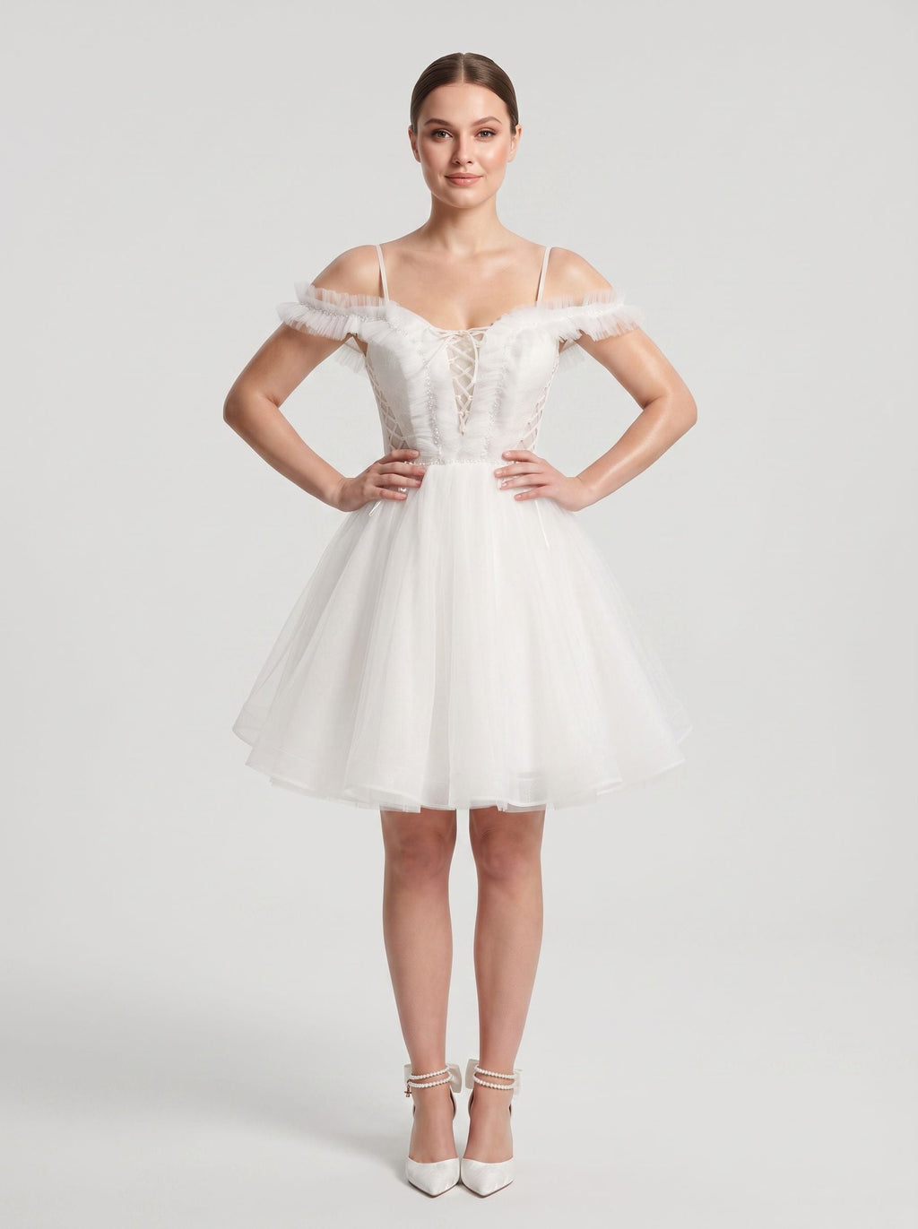 White Tulle A-Line Off-the-Shoulder Lace-up Short Dress with Spaghetti Straps - Curvevia