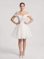 White Tulle A-Line Off-the-Shoulder Lace-up Short Dress with Spaghetti Straps - Curvevia