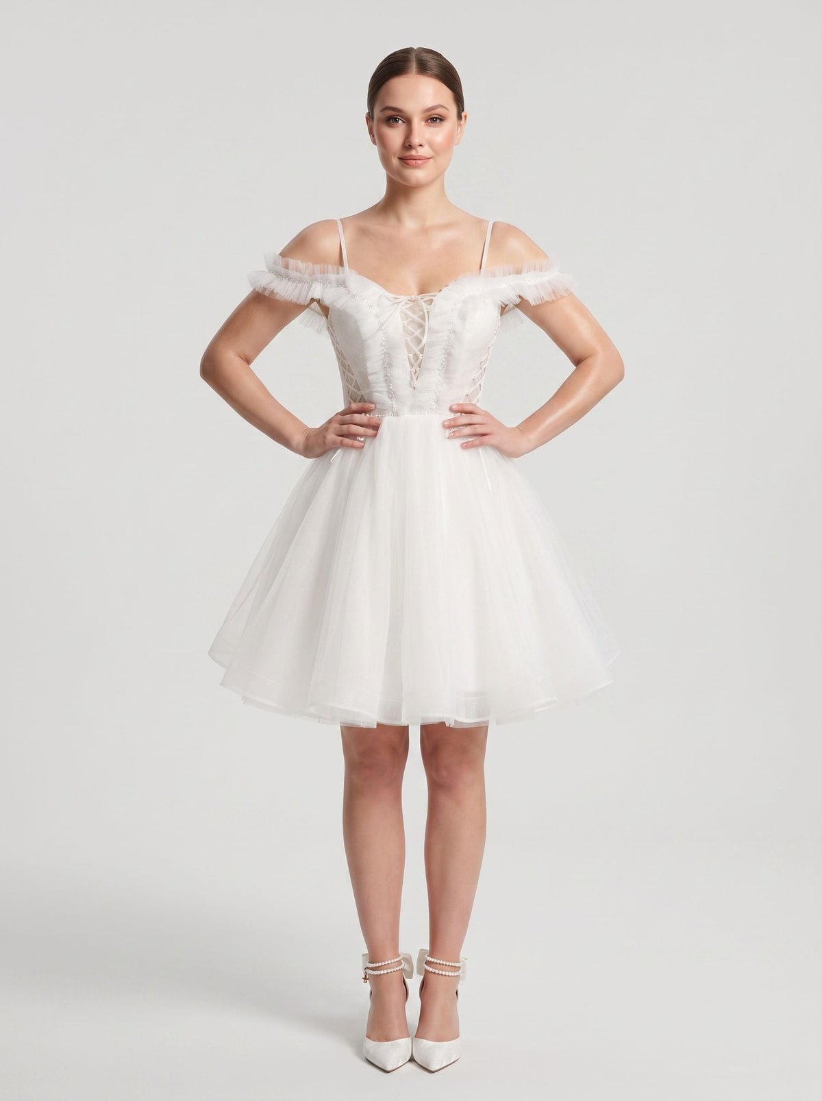 White Tulle A-Line Off-the-Shoulder Lace-up Short Dress with Spaghetti Straps - Curvevia