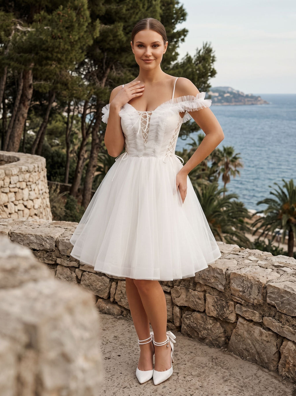 White Tulle A-Line Off-the-Shoulder Lace-up Short Dress with Spaghetti Straps - Curvevia