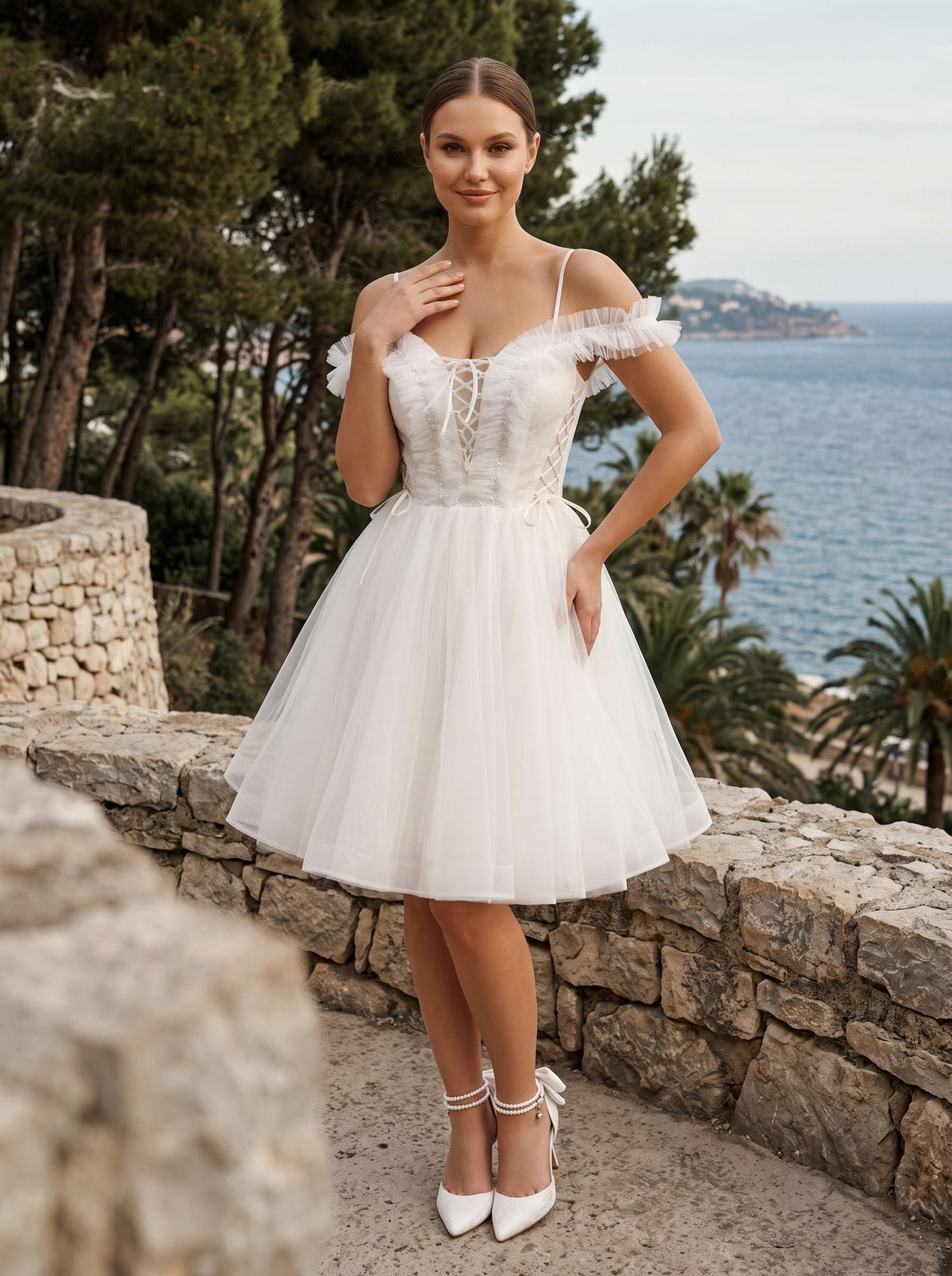 White Tulle A-Line Off-the-Shoulder Lace-up Short Dress with Spaghetti Straps - Curvevia