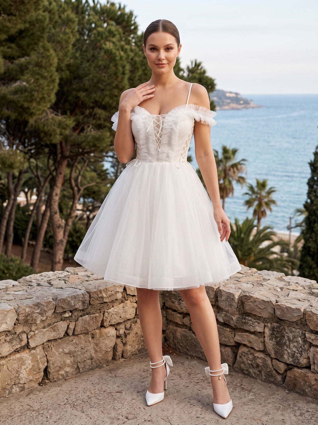 White Tulle A-Line Off-the-Shoulder Lace-up Short Dress with Spaghetti Straps - Curvevia