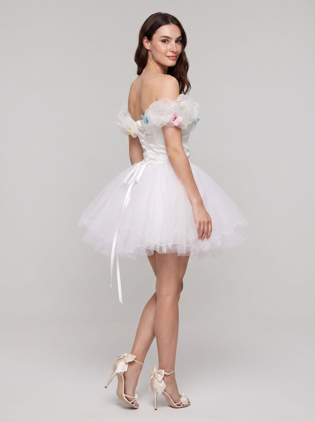 White Tulle A-Line Off-the-Shoulder Criss-Cross Straps Short Dress with Pleated Bodice - Curvevia