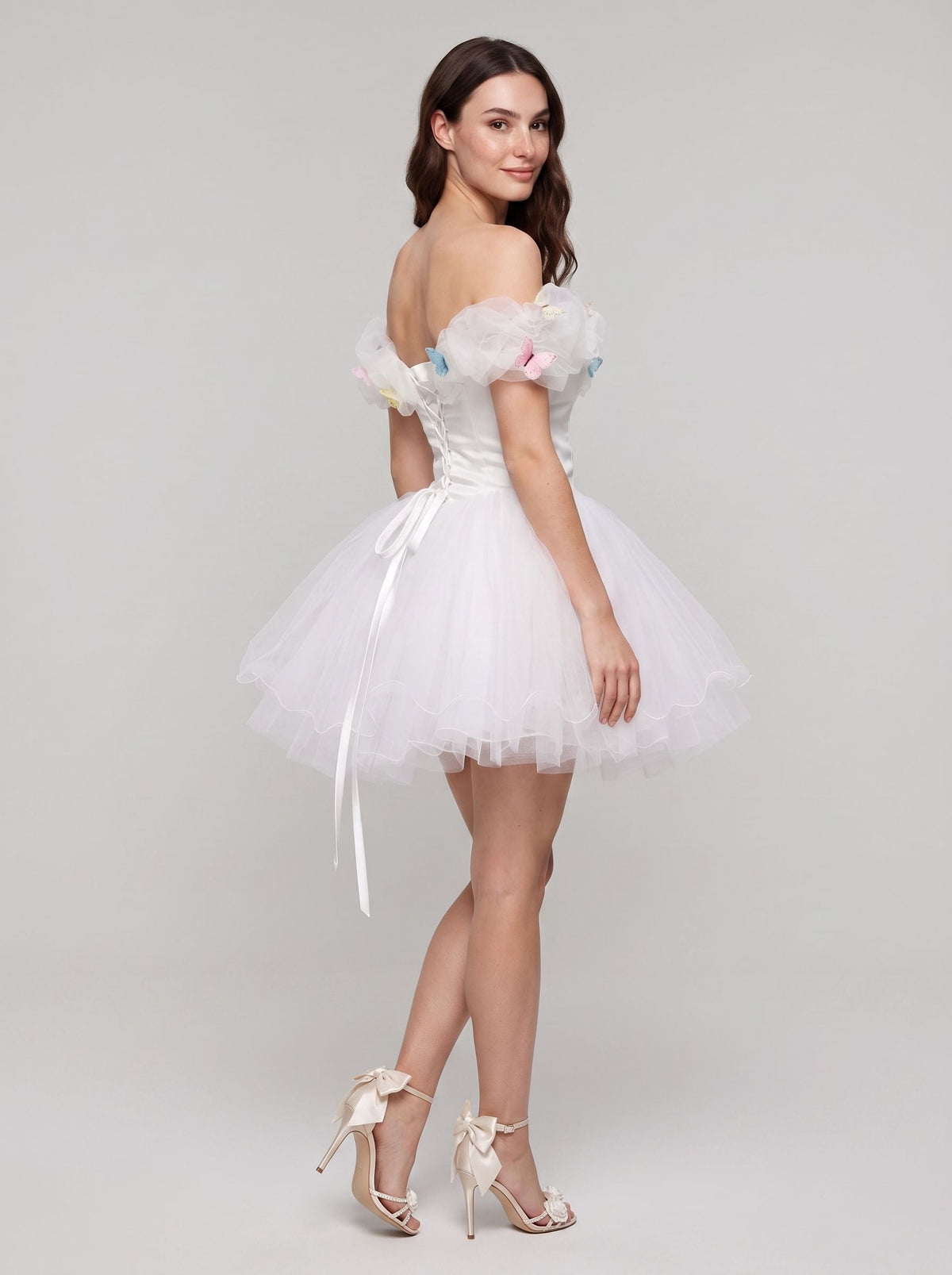 White Tulle A-Line Off-the-Shoulder Criss-Cross Straps Short Dress with Pleated Bodice - Curvevia