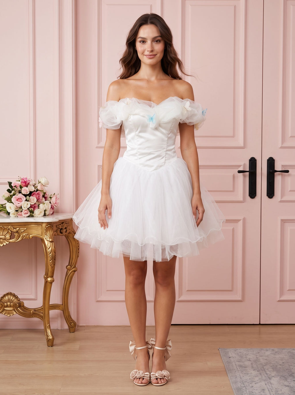 White Tulle A-Line Off-the-Shoulder Criss-Cross Straps Short Dress with Pleated Bodice - Curvevia