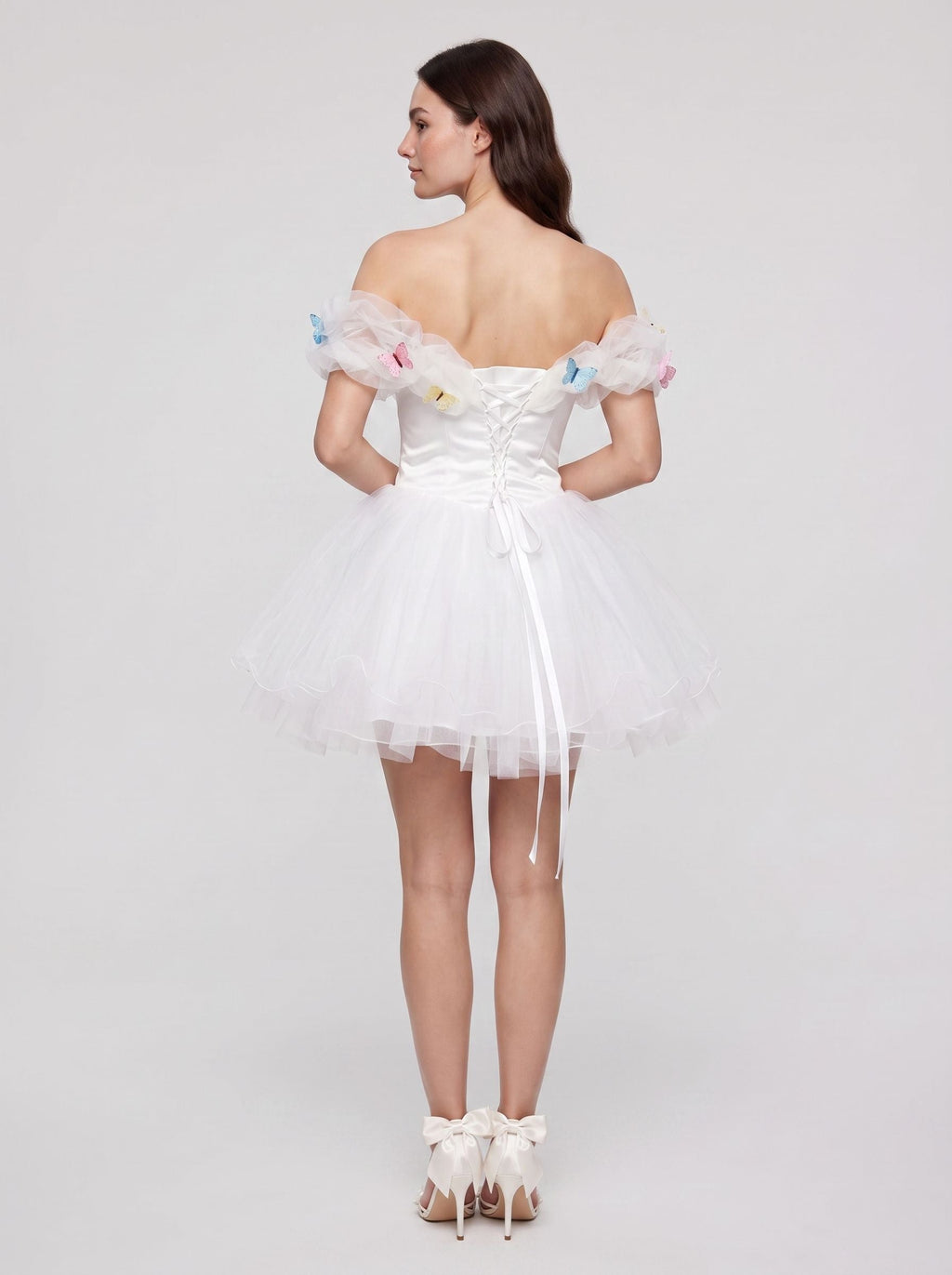 White Tulle A-Line Off-the-Shoulder Criss-Cross Straps Short Dress with Pleated Bodice - Curvevia