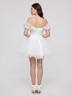 White Tulle A-Line Off-the-Shoulder Criss-Cross Straps Short Dress with Pleated Bodice - Curvevia