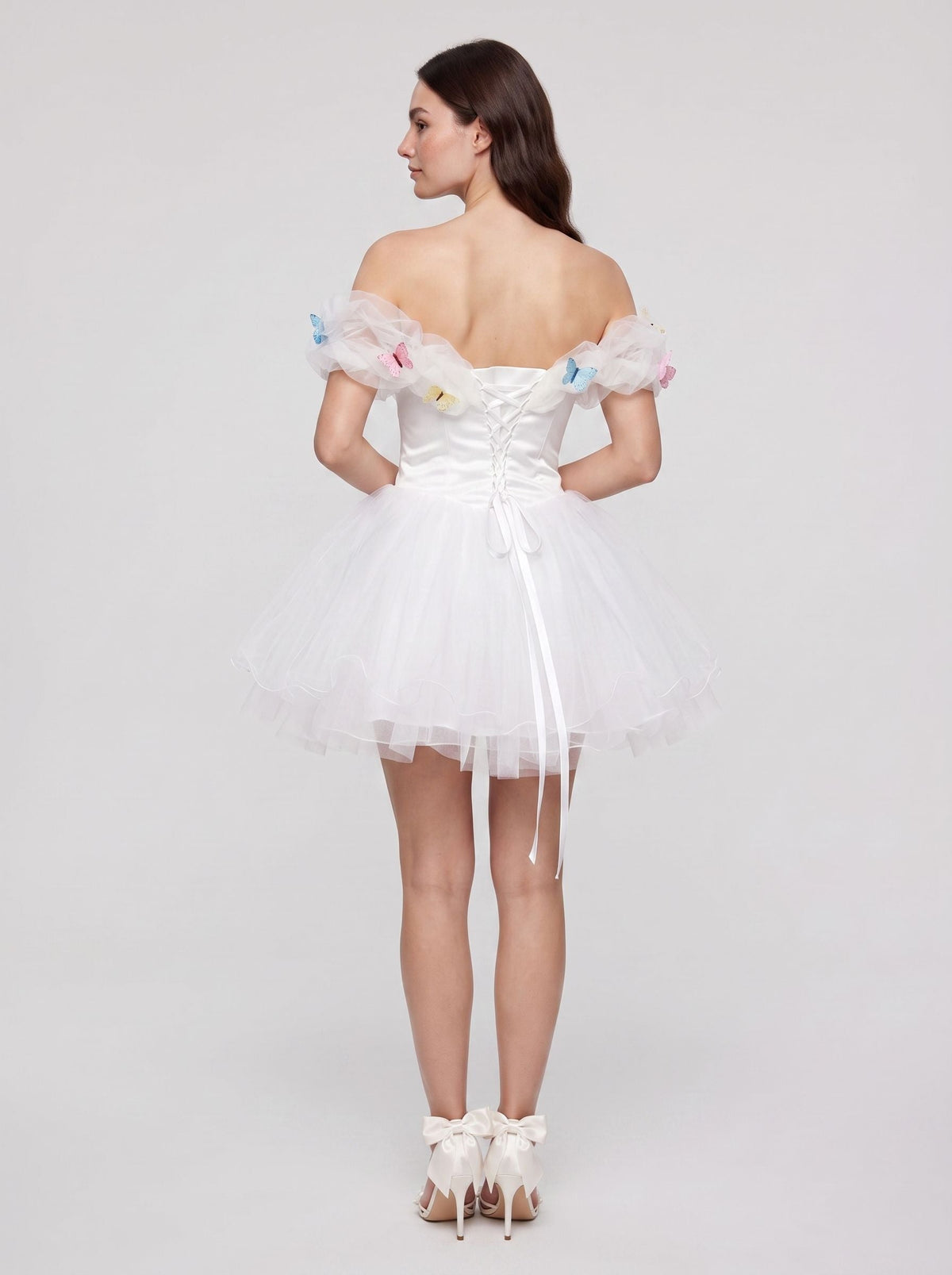 White Tulle A-Line Off-the-Shoulder Criss-Cross Straps Short Dress with Pleated Bodice - Curvevia