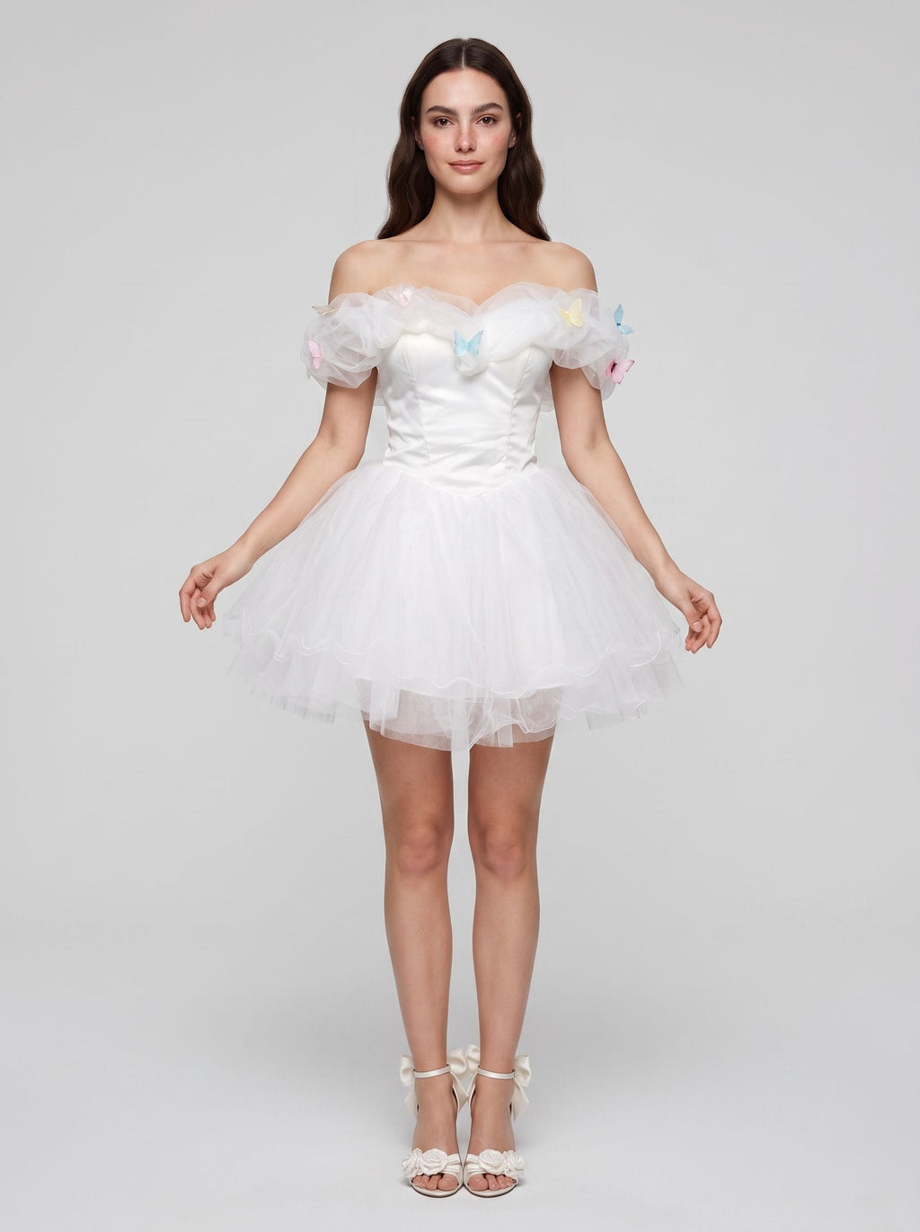 White Tulle A-Line Off-the-Shoulder Criss-Cross Straps Short Dress with Pleated Bodice - Curvevia