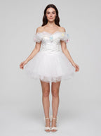 White Tulle A-Line Off-the-Shoulder Criss-Cross Straps Short Dress with Pleated Bodice - Curvevia