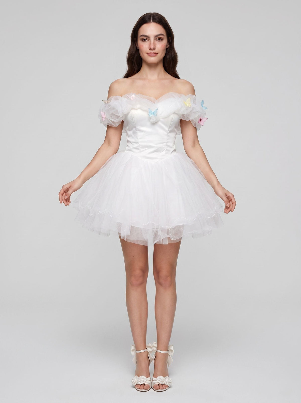 White Tulle A-Line Off-the-Shoulder Criss-Cross Straps Short Dress with Pleated Bodice - Curvevia