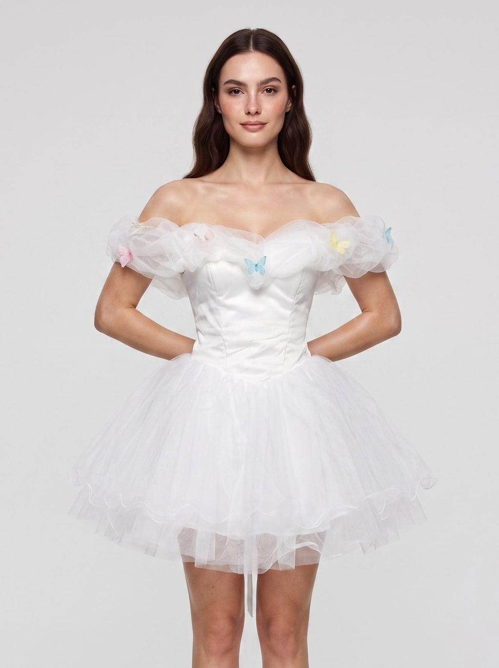 White Tulle A-Line Off-the-Shoulder Criss-Cross Straps Short Dress with Pleated Bodice - Curvevia