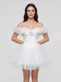 White Tulle A-Line Off-the-Shoulder Criss-Cross Straps Short Dress with Pleated Bodice - Curvevia
