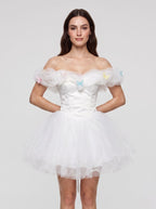 White Tulle A-Line Off-the-Shoulder Criss-Cross Straps Short Dress with Pleated Bodice - Curvevia