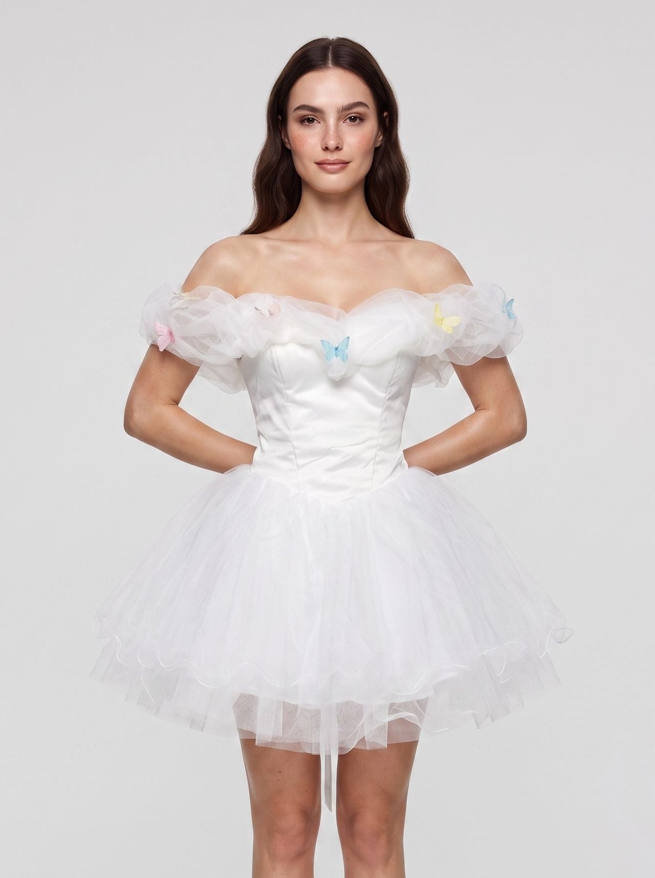 White Tulle A-Line Off-the-Shoulder Criss-Cross Straps Short Dress with Pleated Bodice - Curvevia