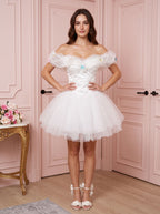 White Tulle A-Line Off-the-Shoulder Criss-Cross Straps Short Dress with Pleated Bodice - Curvevia