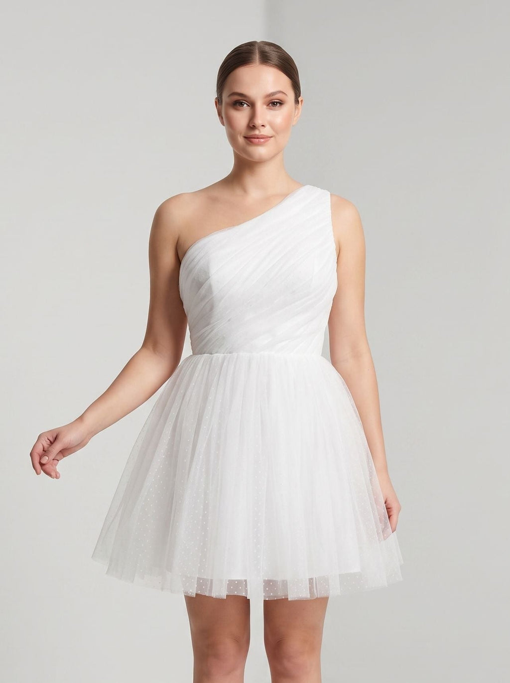 White Tulle A-Line One Shoulder Side Zip Short Dress with Polka Dots - Curvevia