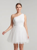 White Tulle A-Line One Shoulder Side Zip Short Dress with Polka Dots - Curvevia