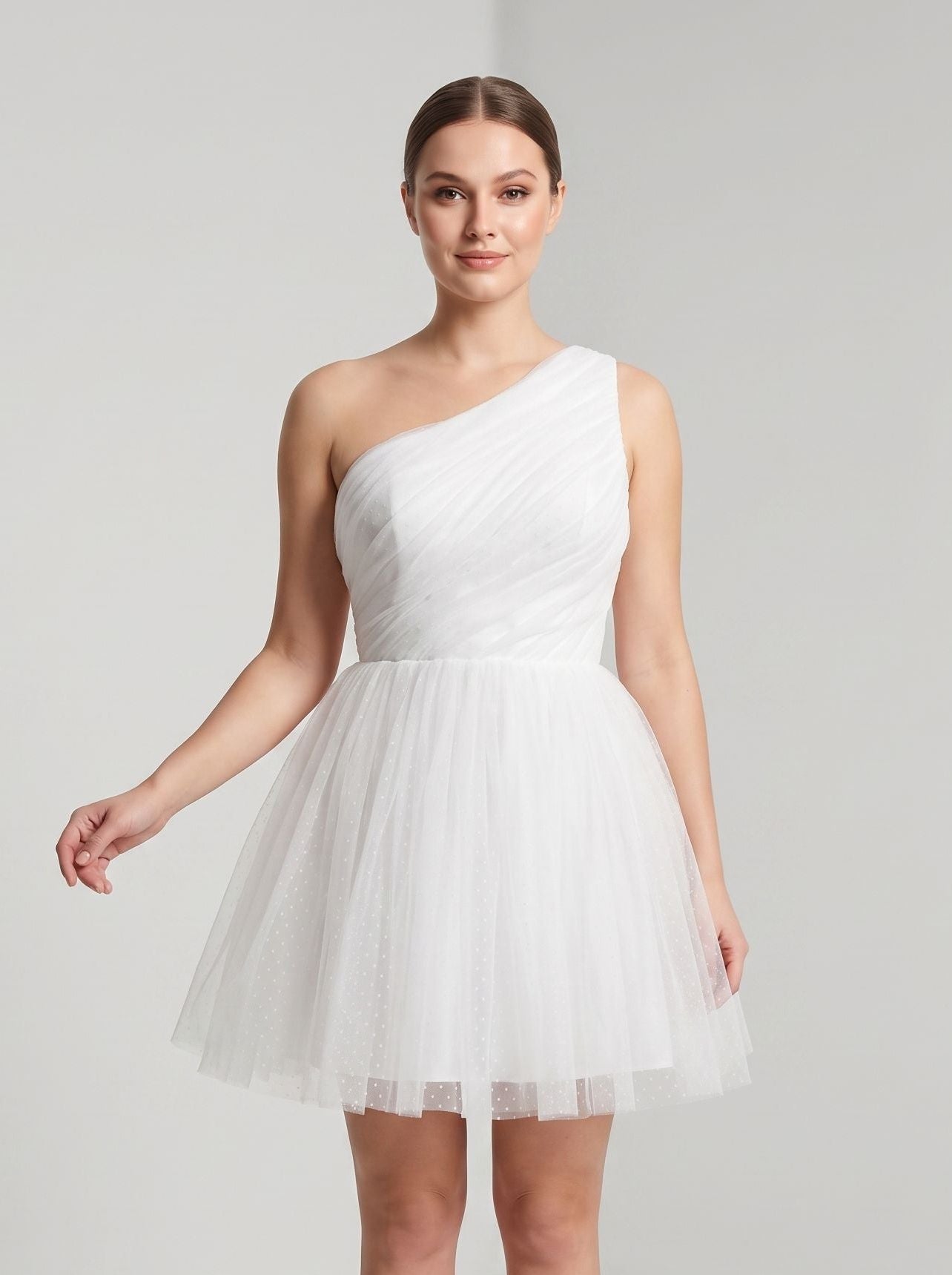 White Tulle A-Line One Shoulder Side Zip Short Dress with Polka Dots - Curvevia