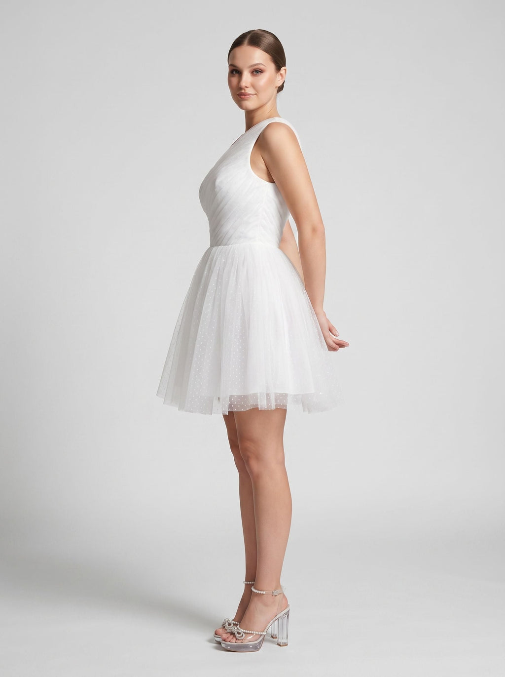 White Tulle A-Line One Shoulder Side Zip Short Dress with Polka Dots - Curvevia