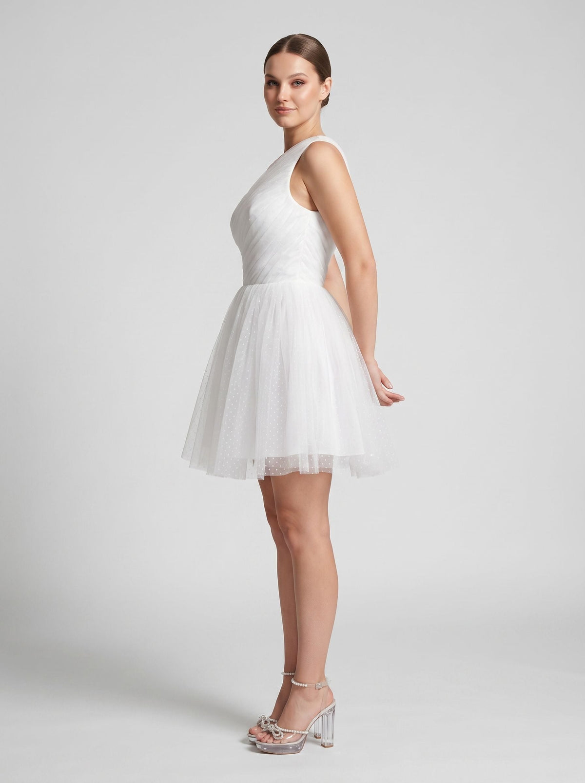 White Tulle A-Line One Shoulder Side Zip Short Dress with Polka Dots - Curvevia