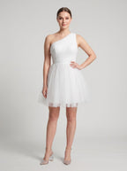 White Tulle A-Line One Shoulder Side Zip Short Dress with Polka Dots - Curvevia