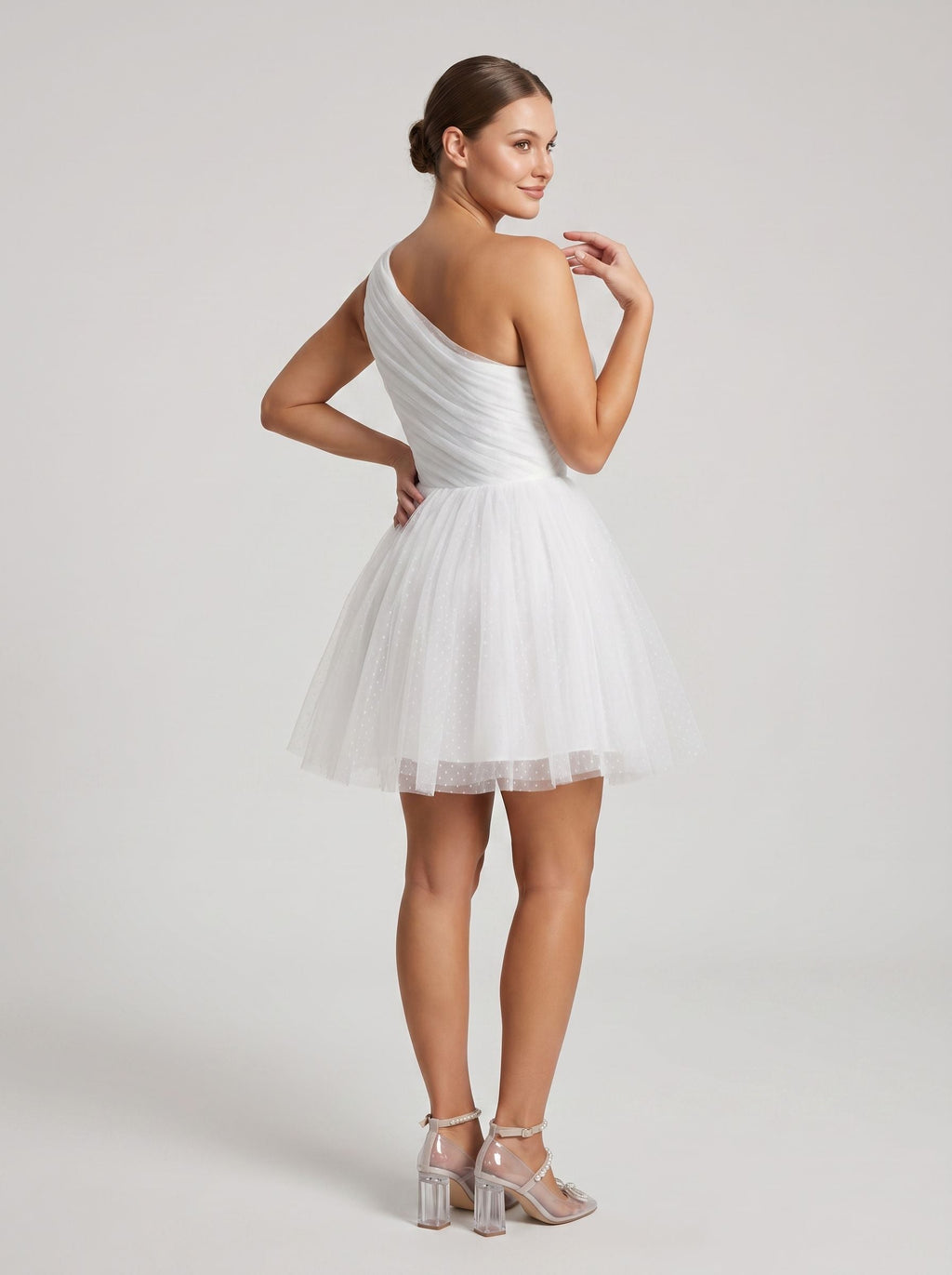 White Tulle A-Line One Shoulder Side Zip Short Dress with Polka Dots - Curvevia
