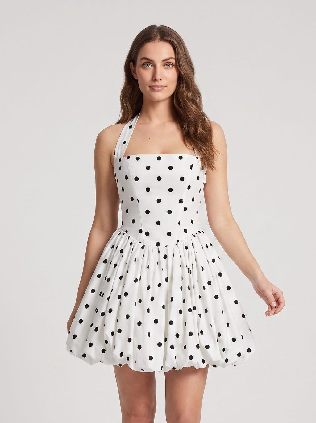White Matte Satin A-Line Halter Neckline Lace-up Short Dress with Polka Dots - Curvevia